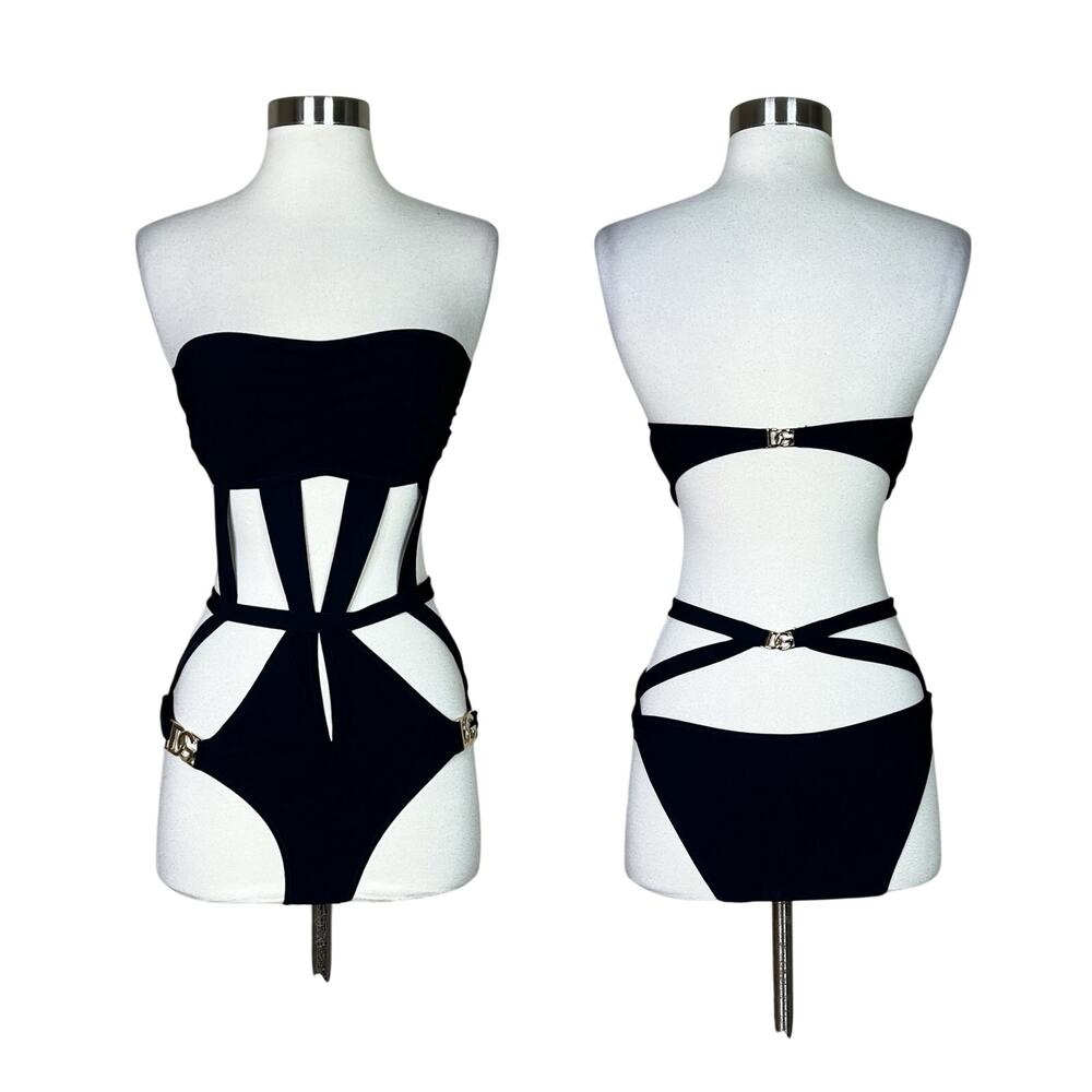 Dolce & Gabbana | Strappy Gold Logo Black Bandeau Designer One Piece Swimsuit M - Picture 13 of 13